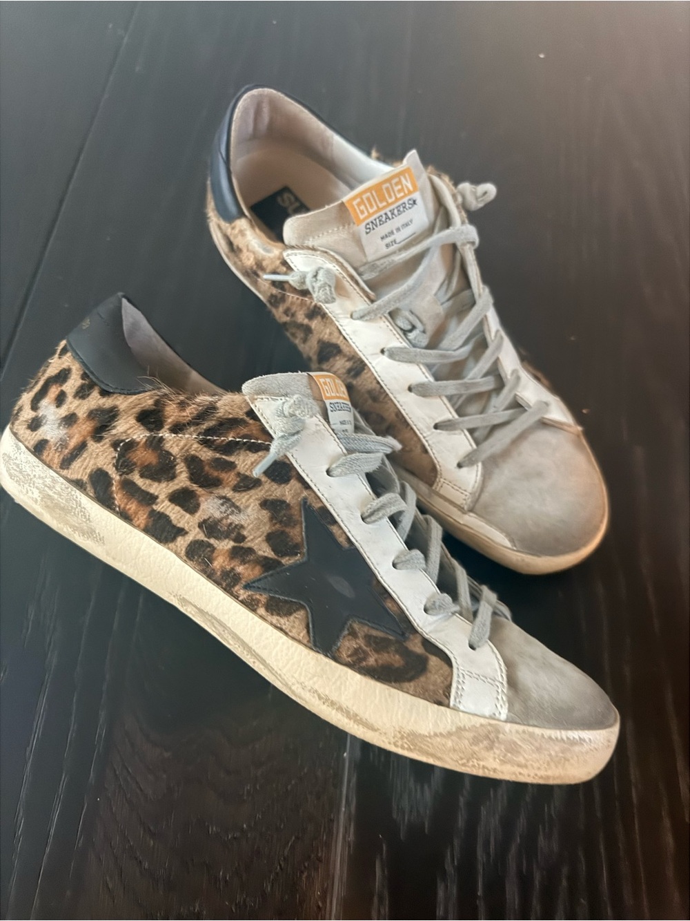 Golden Goose Superstar Snow Leopard Pony Hair Sneakers with Black Star